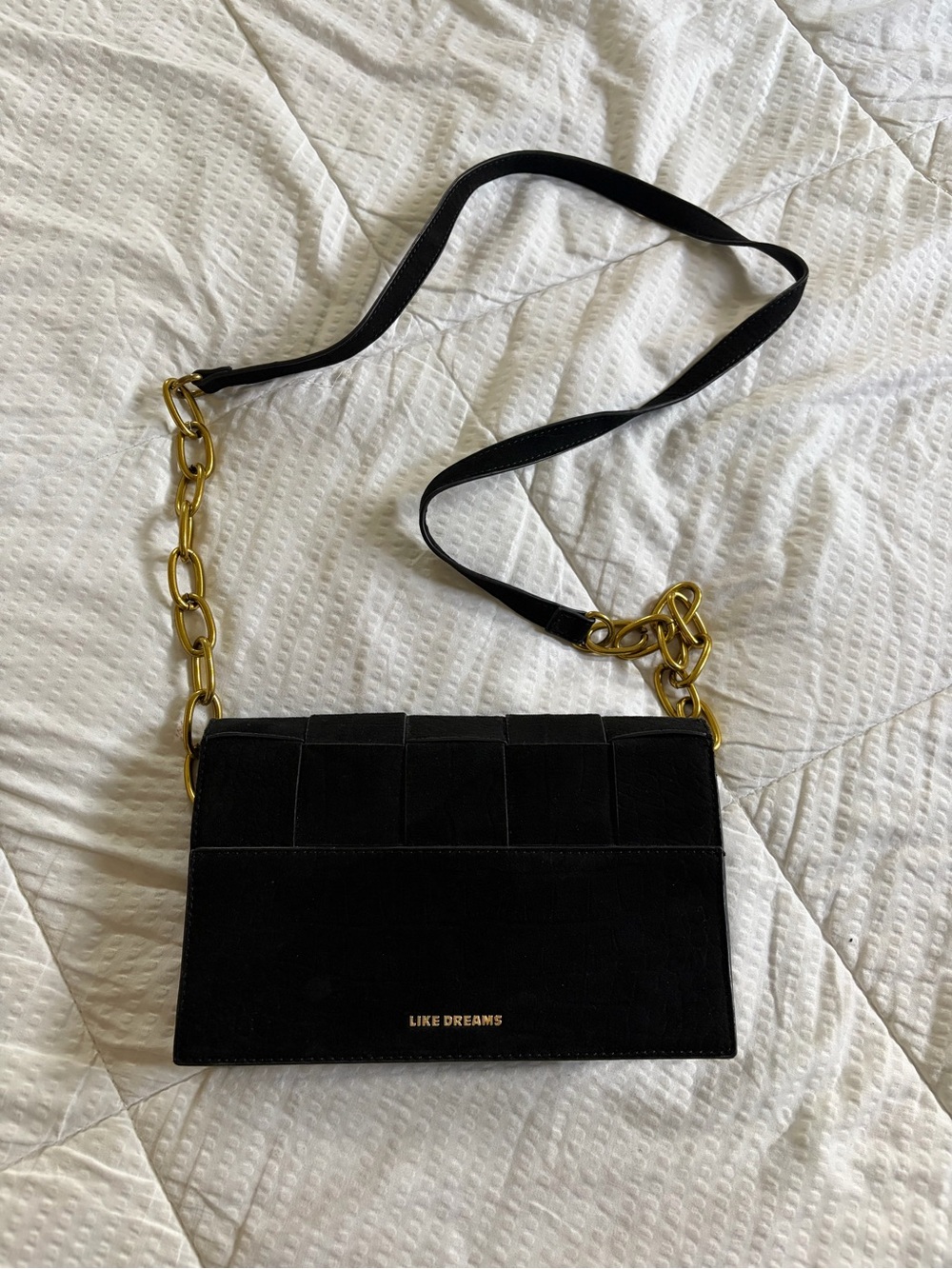 LIKE DREAMS Black Suede Crossbody with Gold Chain Strap